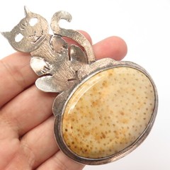 925 Sterling Silver Vintage Real Fossil Cat / Kitten & Turtle Pendant