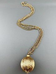 Vintage Ball Necklace Perforated Sphere Pendant Multi Strand Chain Gold Tone 23”