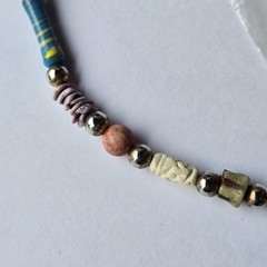 Vintage Boho Beaded Necklace Painted Glass Carved Wood Shell Metal Beads