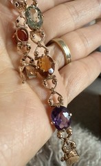 Vintage C.1950s 14Kt Rose Gold Natural Oval Multi-Gemstones Link Bracelet 7.5”in