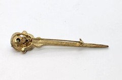 Vtg Sword Saber Brooch Dress Coat Kilt Pin Gold Tone AB Blue Rhinestone 3.5 In