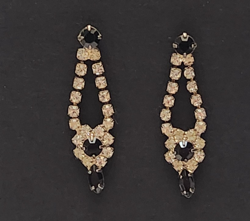 Vintage Black Stone and Rhinestone Drop Earrings Silver Tone