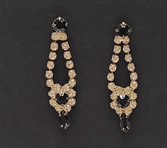 Vintage Black Stone and Rhinestone Drop Earrings Silver Tone