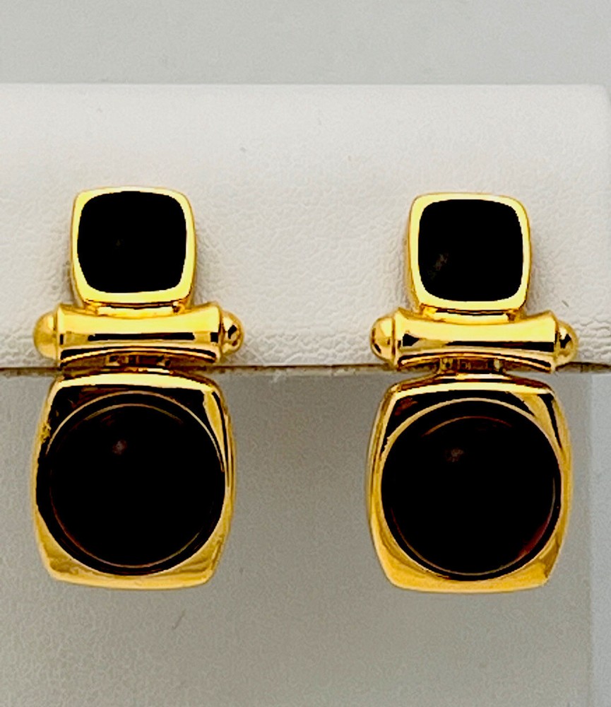 Signed Joan Rivers Vintage Gold Plated Enamel Faux Amber Hinged Pierced Earrings