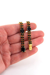 Vintage Bracelet Black Prong Set Rhinestones Push Lock, Czech Republic 1980