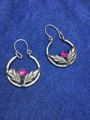 Vintage Hazara Silver Earrings 8.7g Pink Glass Stone Tribal Ethnic Hoop Drop