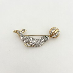 Vintage Clear Rhinestone Green Eyed Seal With Ball Gold Tone Animal Brooch Pin