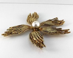 Vtg MCM Sterling Modernist Flower Brooch Mabe Pearl Gold Vermeil 5″ 71g Signed