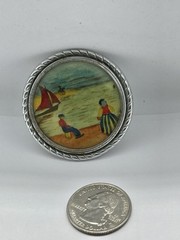 Vintage Mini Seaside Painting with People in French Native Costume Brooch