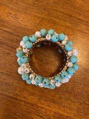 Vintage Expandable Cha-Cha Bead Bracelet Rhinestones Faux Turquoise Pearls