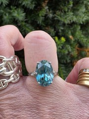 Art Deco 18k White Gold Blue Zircon & Diamond Ring