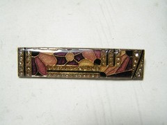 …Vtg/Antique Silver Tone, Enamel, Rhinestones Abstract Flowers Design Brooch..