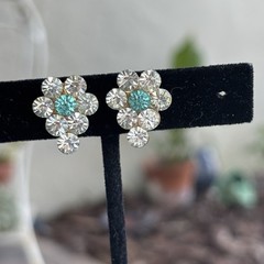 Vintage Crystal Rhinestone Flower Screw Back Earrings Aqua Blue Gold Tone