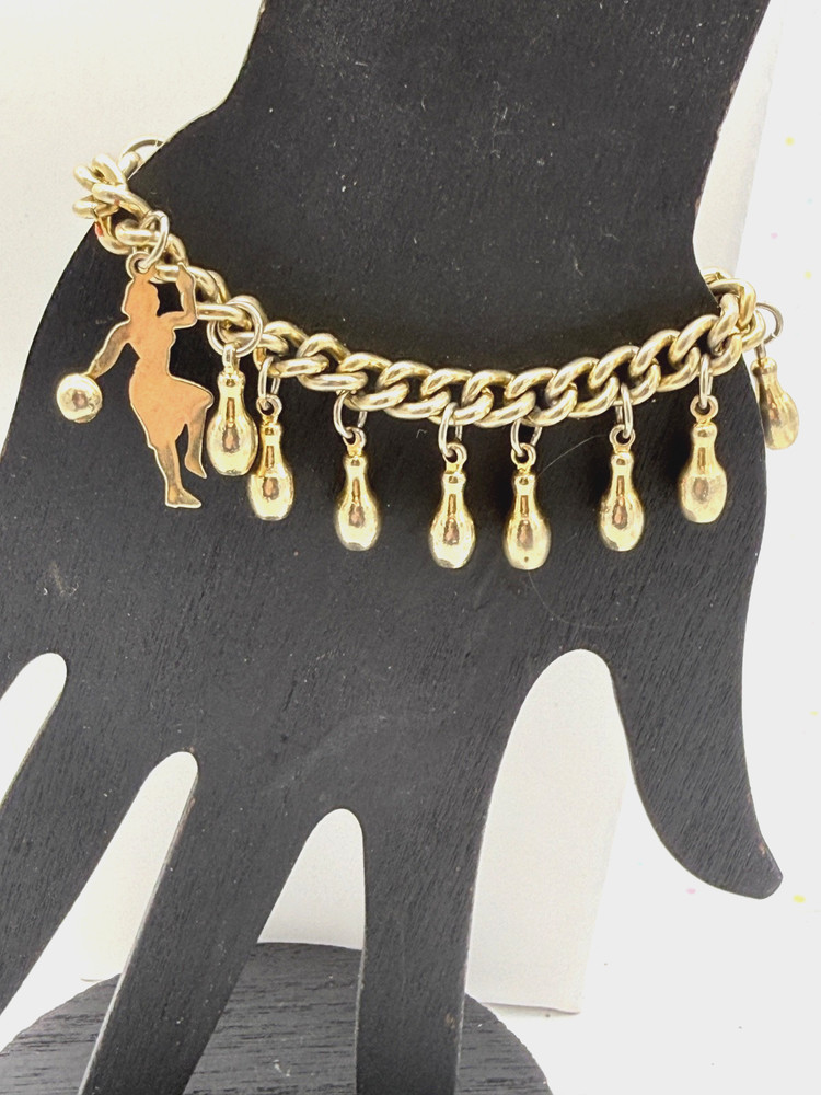 Vintage Gold Tone Women’s Bowling Charm Bracelet. 6.25in 15.9cm Fold Over Clasp