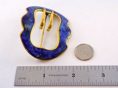 Vintage Unsigned Goldtone Metal and Blue Enamel Belt Buckle Brooch Pin 2.5 Inch