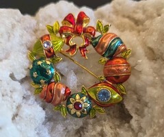 Vtg Enameled Christopher Radko Christmas Holiday Ornament Wreath Pin Brooch 2″