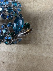 Vintage Sherman Blue Green Rhinestone Brooch Missing One Stone