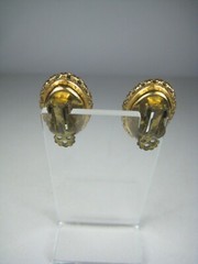 Vintage Green Plastic Clip On Earrings Gold Tone Oval Jewelry Faux Stone 1 inch