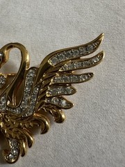 Vintage Nolan Miller Double Swan Brooch Pin Dangle Heart Pave Rhinestones signed