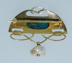 Signed Murrle Bennett & Co. Arts & Crafts 15K Turquoise Brooch 15ct
