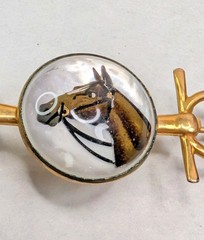 B.A. Ballou Horse Head Bar Pin Brooch Reverse Painted Essex Crystal Type 3-1/8″