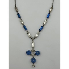 Antique Art Deco Rhinestone Flower Y Drop Necklace Silver Tone READ