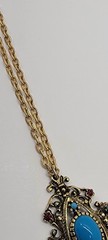 Vintage CELEBRITY Large Rhinestone Faux Turquoise Pendant Necklace GoldTone Boho