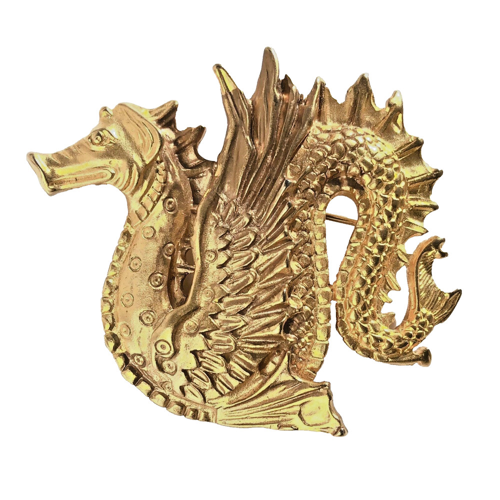 MMA Dragon Brooch Pin Pendant Gold Tone Vintage 1970s Signed Sea Serpent