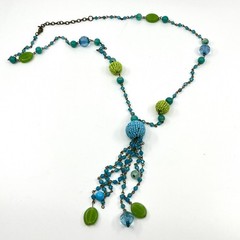 Vintage Y2K Blue & Green Beaded Tassel Necklace Boho Chic Long Lariat Style