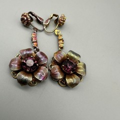 Vintage Purple Jewelry Set 3 Piece Floral Pendant Clip-On Earrings Set Blue Bead