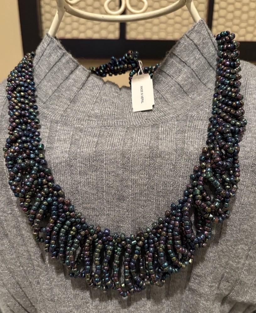 Vtg Made In Nepal, Multi Strand Seed Beaded Necklace, Blues Purples Greens 11”