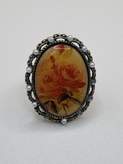 Vintage Adjustable Floral Glass Oval Cocktail Ring Gold Brass Multicolor