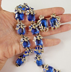 Vintage BSK Blue Glass Crystal Leaf Demi Parure Necklace Bracelet Earrings SET