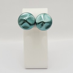 Green Blue Almost Metallic Color Dimpled Puckered Round Vintage Clip On Earrings