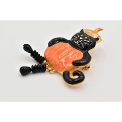 Vintage Black Cat Costume Pumpkin Pin Brooch Halloween Orange Enamel 1980s BinAL