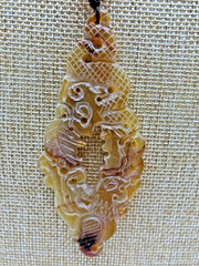 21st & Stone Carved Old Jade Carnelian Bead Leather Cord Silver Accents Necklace