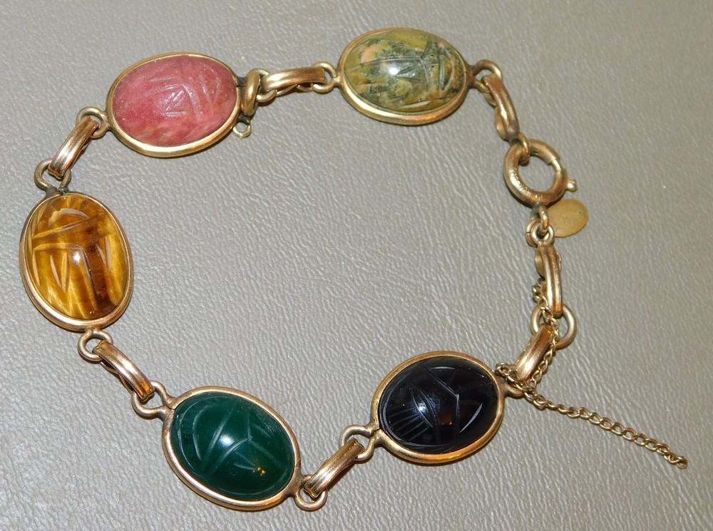 Bal-Ron Signed 5 Multicolor Scarab Link Bracelet 1/20 12k GF 7.50” L Vintage