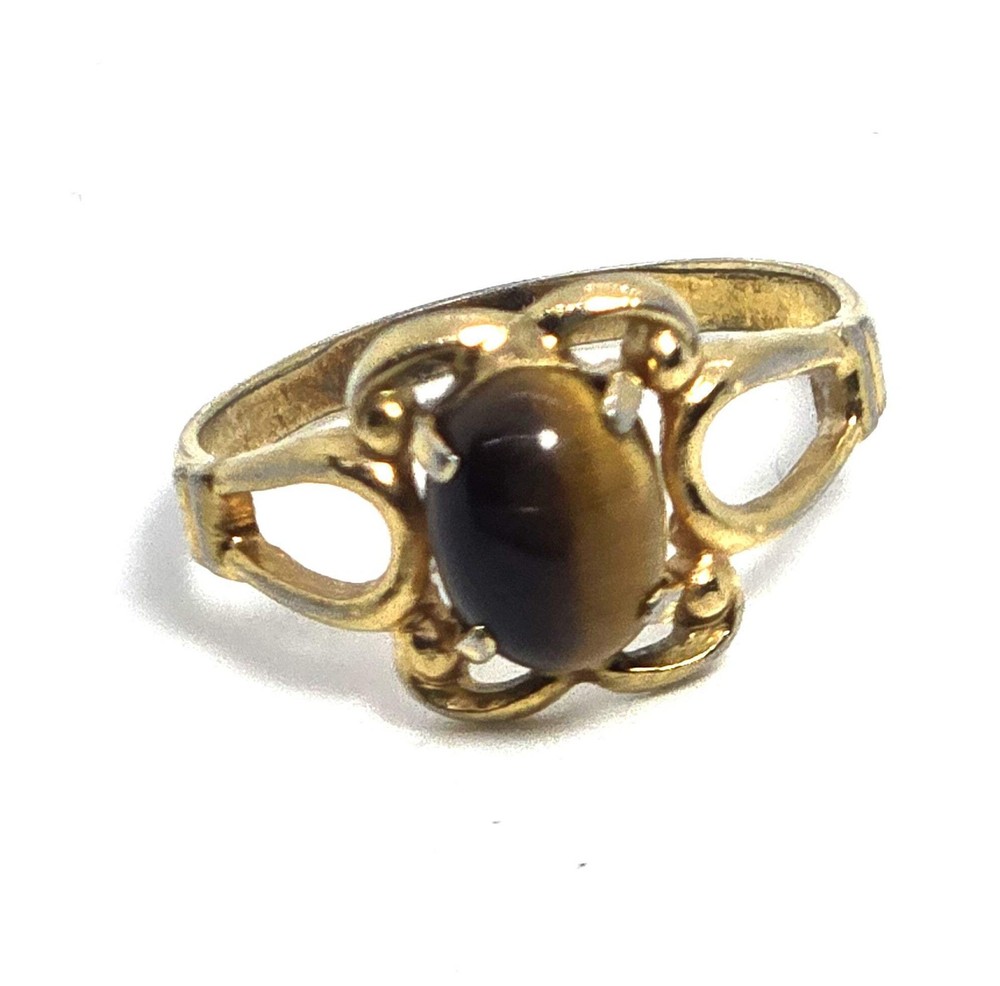 Brown Tiger’s eye yellow 18k gold electroplate vintage ring size 6