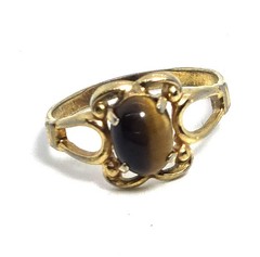 Brown Tiger’s eye yellow 18k gold electroplate vintage ring size 6