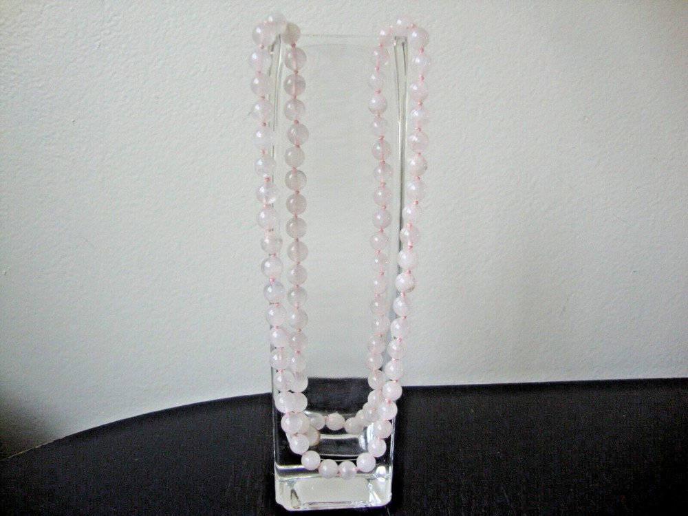 VINTAGE 1970s HAND STRUNG HAND KNOTTED 8mm ROSE QUARTZ 30″ ENDLESS BEAD NECKLACE