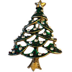 Christmas Tree Vintage Brooch Green Enamel Clear Rhinestones Cut-Outs
