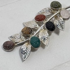 VTG Egyptian Scarab Leaf Brooch Pin Multi Gemstone Sterling Silver Designer JJJ