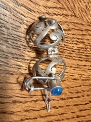 Vintage Brass Harmony Ball Swirled Silver Cage Angel Chime Blue Stone Pendant
