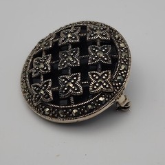 Vintage Art Deco Markasite Round Geometric Domed Sterling Silver 925 Brooch Pin