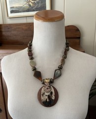 Anthony Alexander Chunky Wood & Mother of Pearl Beaded Statement Necklace Brown
