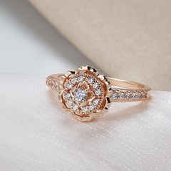 Vintage 585 Rose Gold Zircon Rose Flower Ring Women Crystal Wedding Jewelry Gift