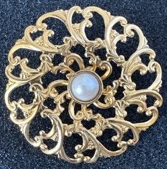 Vintage Jewelery Filigree Round Pin Faux Pearl 2.25” Diameter