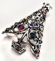 Estate Silver Tone & Rhinestone Christmas Tree Open Scroll Pendant Pin / Brooch