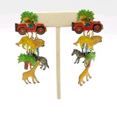 Vtg Dangle 3″ Earrings Truck Lion Zebra Tree Giraffe Sarfari Animal Jewelry