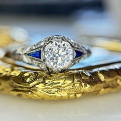 Art Deco Old European Cut Diamond Sapphire Engagement Ring